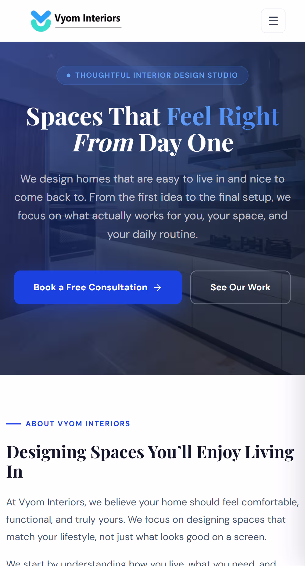 Vyom Interiors Mobile View